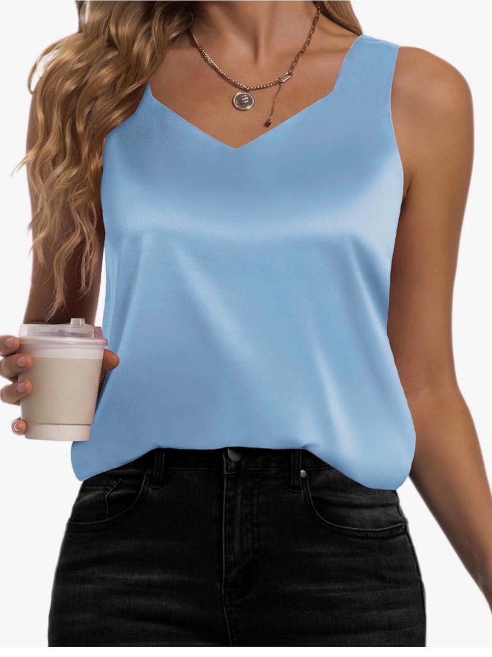 Karcermee silk satin Light Blue V neck Camisole tank top